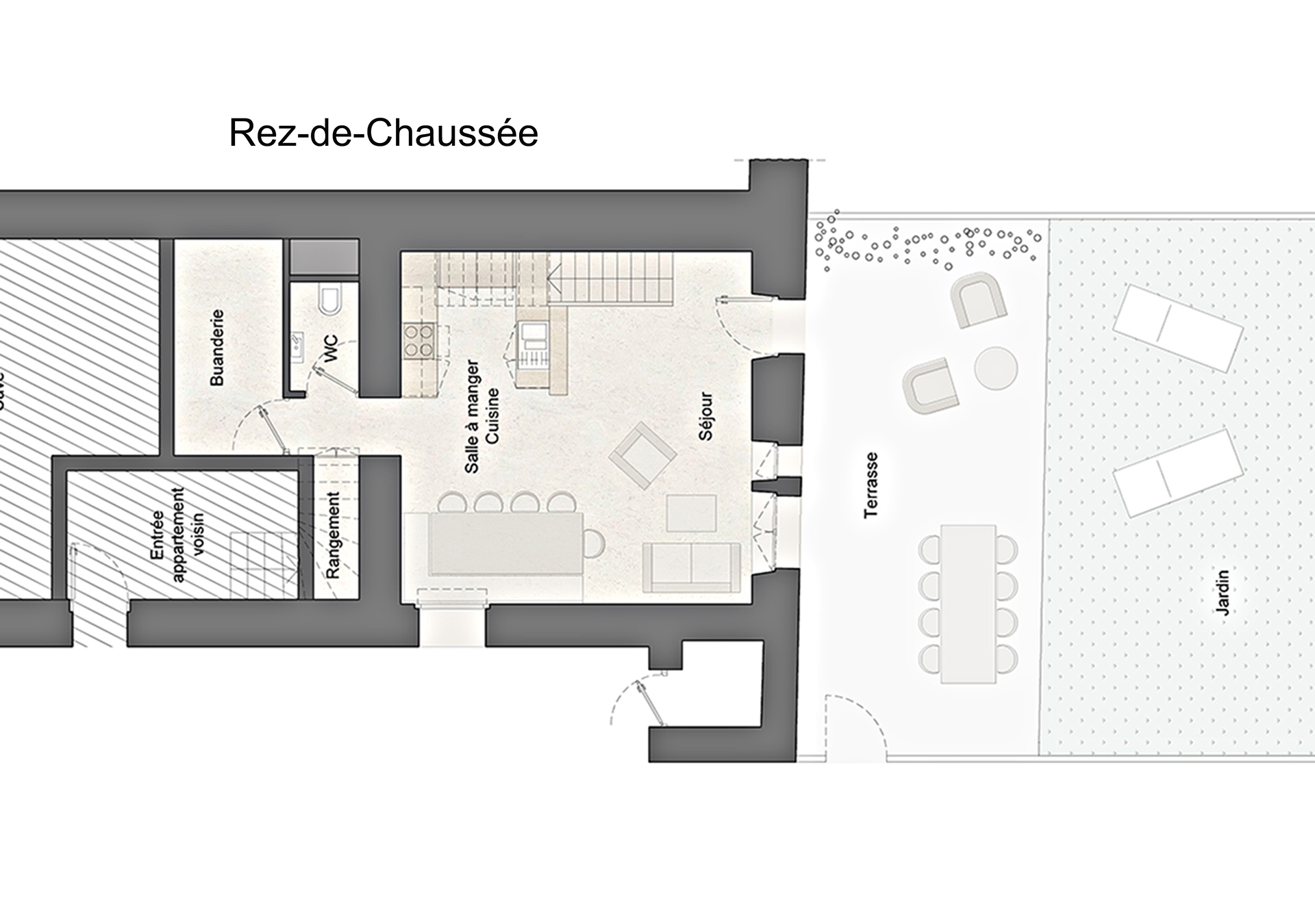 Plan rez-de-chaussée location de vacances Côté Montagnes - Entre Lac et Montagnes